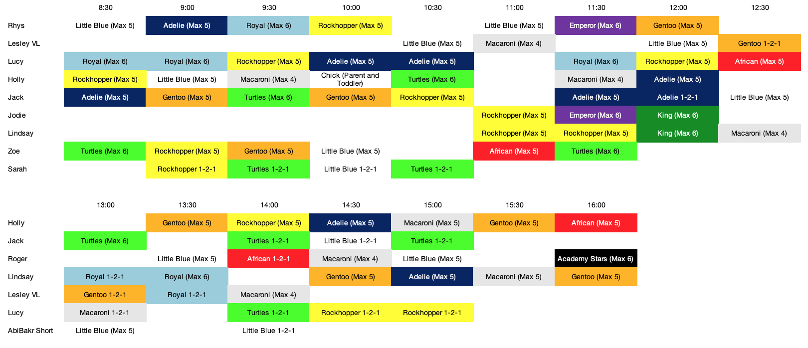 Lesson Timetables - Penguins Swimming Academy